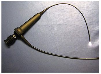Adult fiberoptic nasopharyngoscope with 4-mm distal diameter, 2-way articulation, and video-recording capabilities.