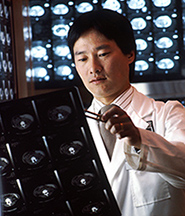A male radiologist is reviewing computed tomography (CT) scans. The film includes a series of detailed pictures of areas  inside the body. Source: Bill Branson (photographer), National Institutes of Health