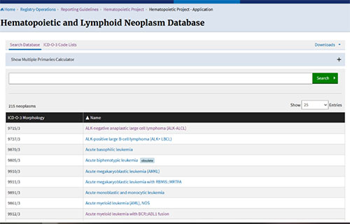 Screenshot of hematopoietic database homepage